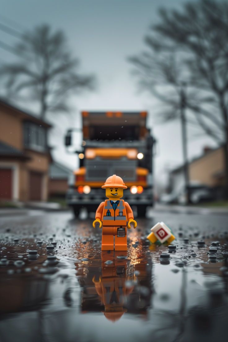 a lego man standing in the rain next to a construction truck