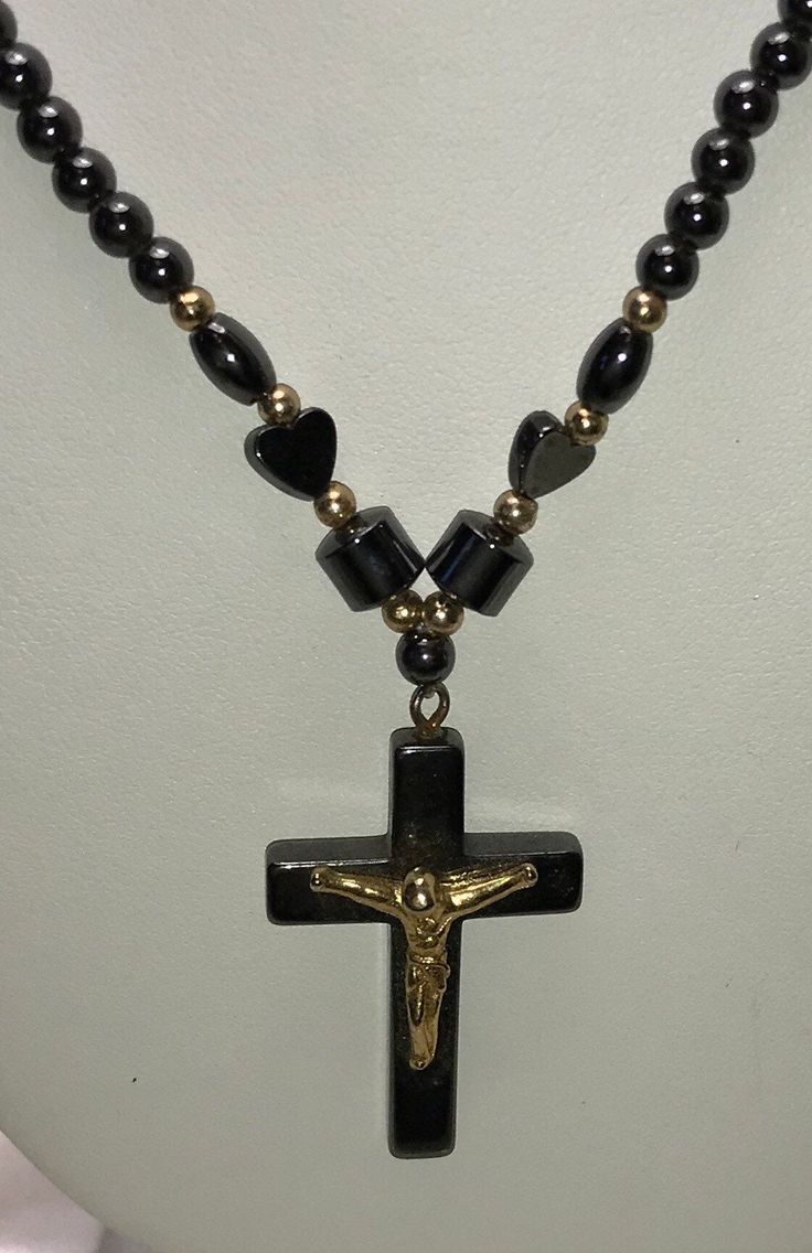 Beautiful hematite beads, 4mm beads, crucifix is 33 x23mm. Screw barrel clasp. This is very nicely done. Black Beaded Crucifix Jewelry, Gold Pin, Ruby Pendant, Hematite Beads, Key Pendant, Chain Styles, Cross Necklace, My Jewellery, Jewelry Collection