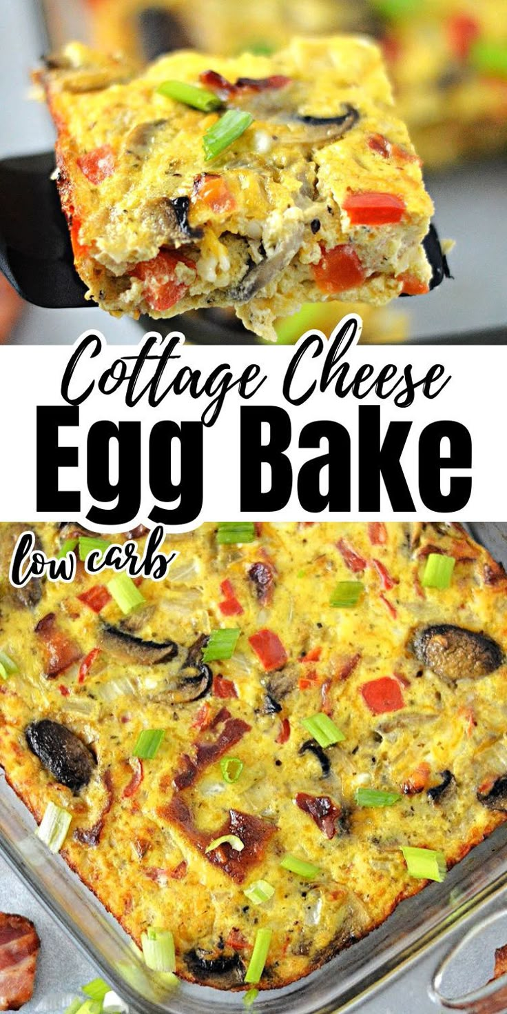 an egg bake is shown with the title in the middle and bottom photo above it