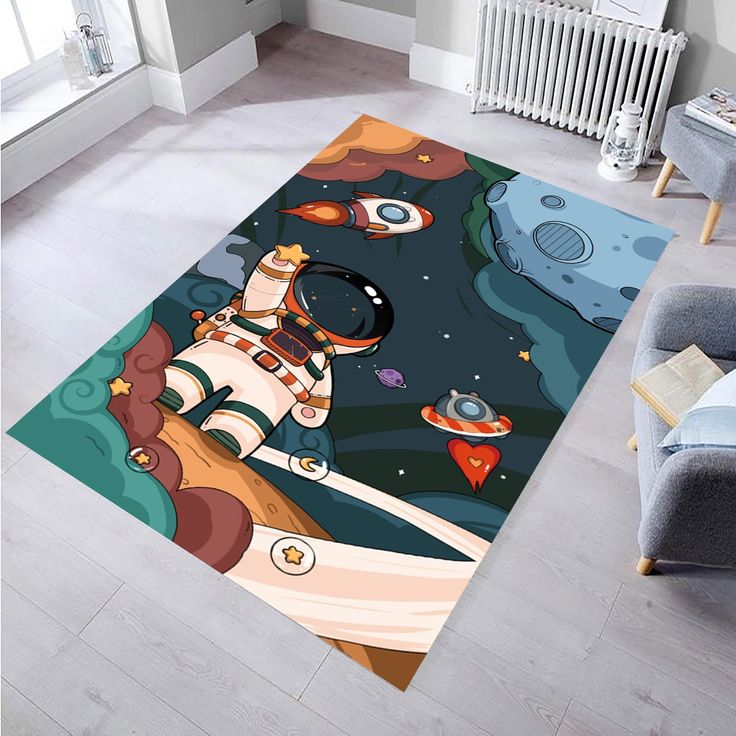 a rug with an astronaut on it in a room