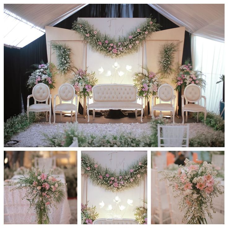 the wedding stage is decorated with flowers and greenery