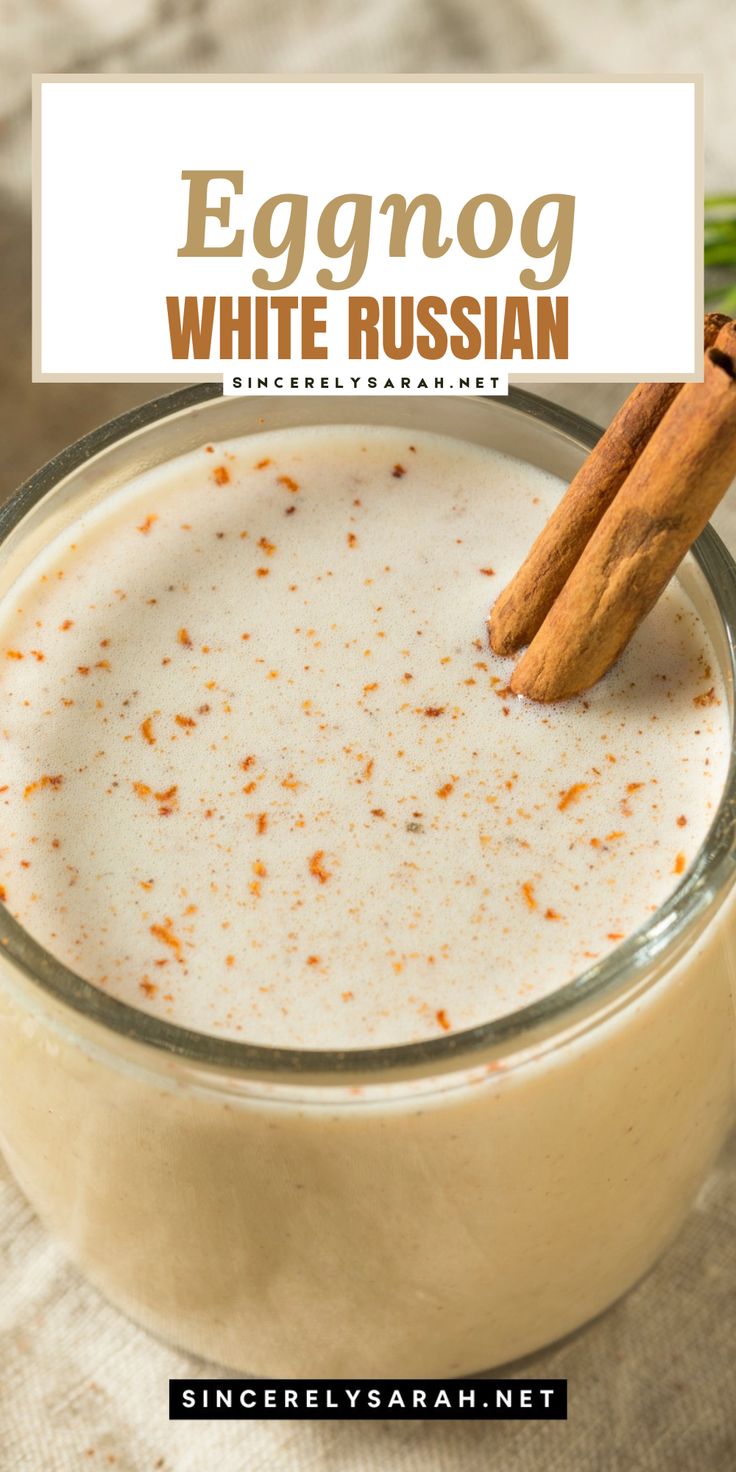 eggnog white russian with cinnamon sticks in a glass