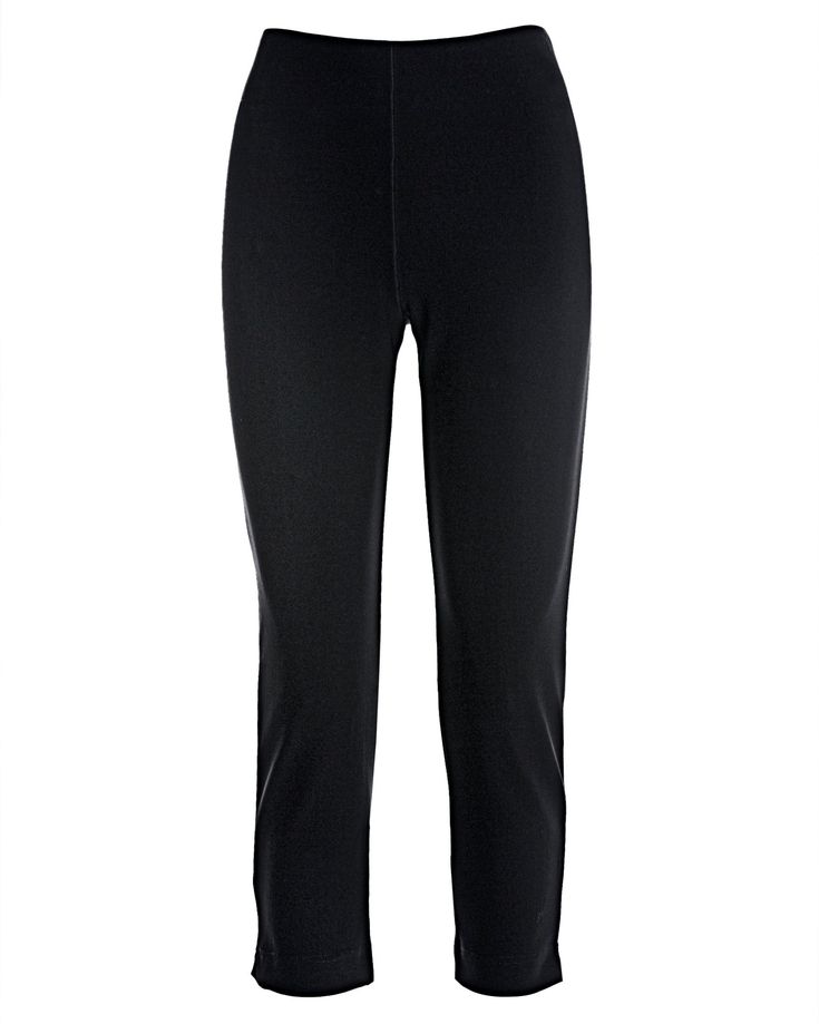 Our versatile Beyond Travel crop pant is made from a four-way stretch, double-knit fabric that's wrinkle-resistant for polished comfort anywhere and everywhere. This must-have silhouette features an easy, pull-on waistband, side slits, and back darts to shape with ease. It's a go-to wardrobe update for work to weekends. Versatile Black Pull-on Pants, Black Pants With 5-inch Inseam And Elastic Waistband, Stretch Cropped Leg Pants With Pull-on Style, Stretch Sweatpants With Pull-on Style, Solid Pants With Elastic Waistband, Black Yoga Pants With 4-way Stretch, Black 4-way Stretch Leggings For Loungewear, Versatile Stretch Sweatpants For Work, Functional Stretch Sweatpants With Tapered Leg