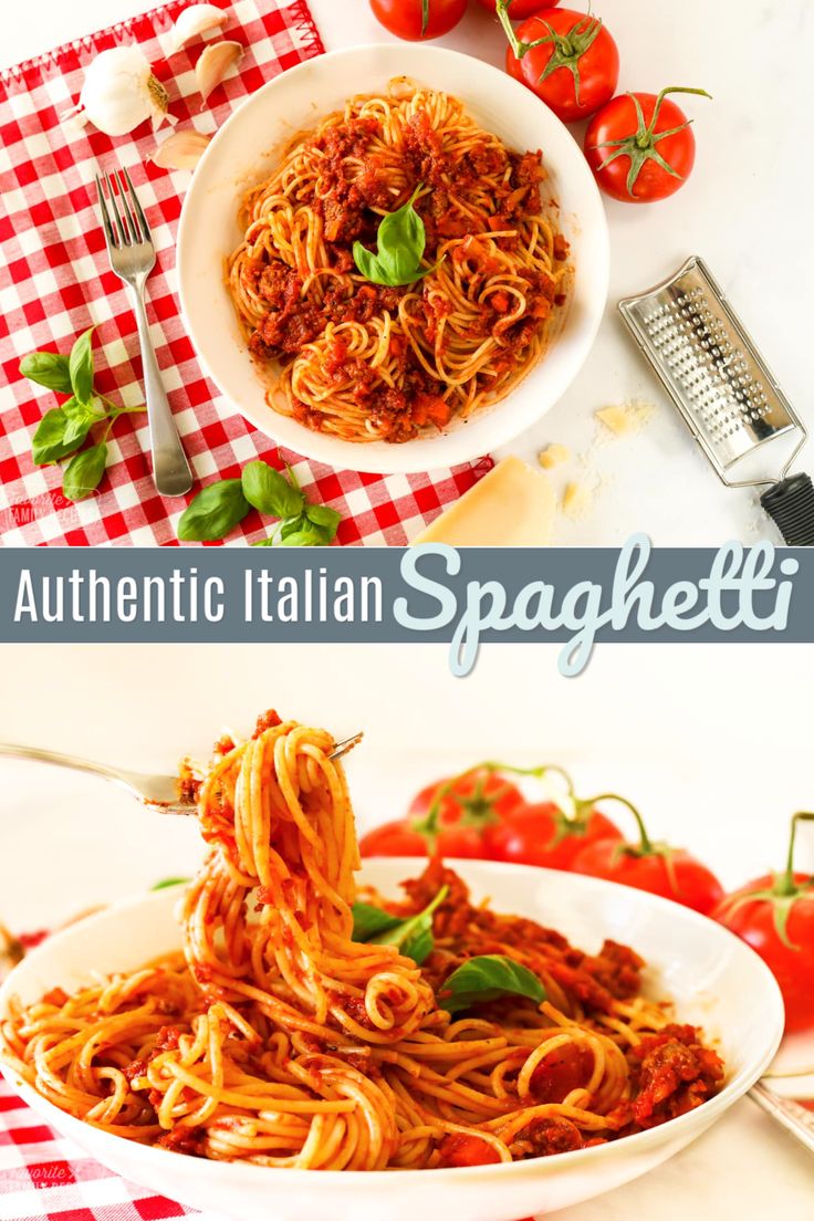 Delicious bowls of spaghetti with spaghetti sauce and garnished with basil and Parmesan cheese. Bolognese Noodles, Authentic Italian Spaghetti, Italian Spaghetti, Sauce Spaghetti, Quick Pasta Recipes, Italian Favorites, Spaghetti Recipe, Popular Food, Yummy Pasta Recipes