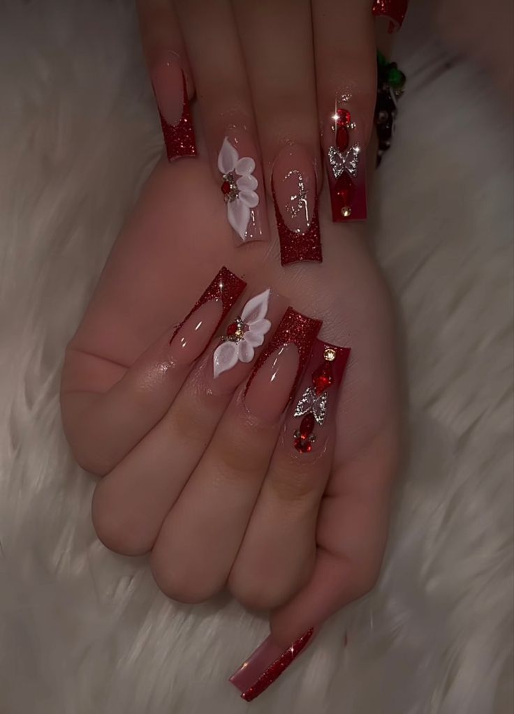 Charro Quince, Quince Nails, Quinceanera Nails, Red And Gold Nails, Dresses Lavender, Dresses Quince, Red Acrylic Nails, Girly Acrylic Nails, Cute Acrylic Nail Designs