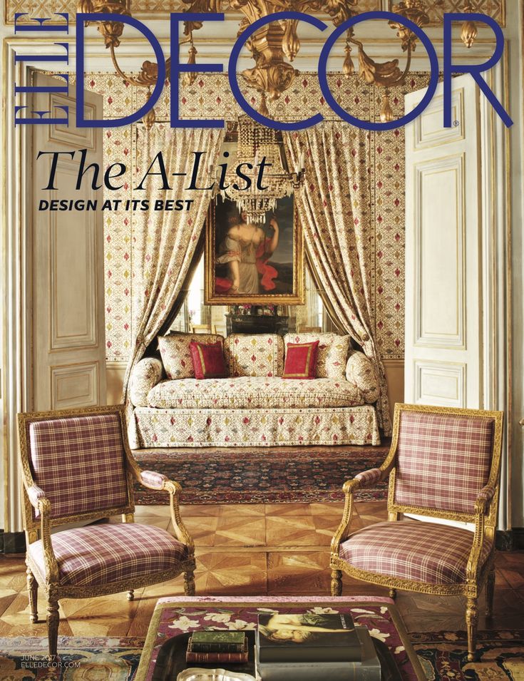 the front cover of decor magazine, with two chairs and a couch in an ornately decorated living room