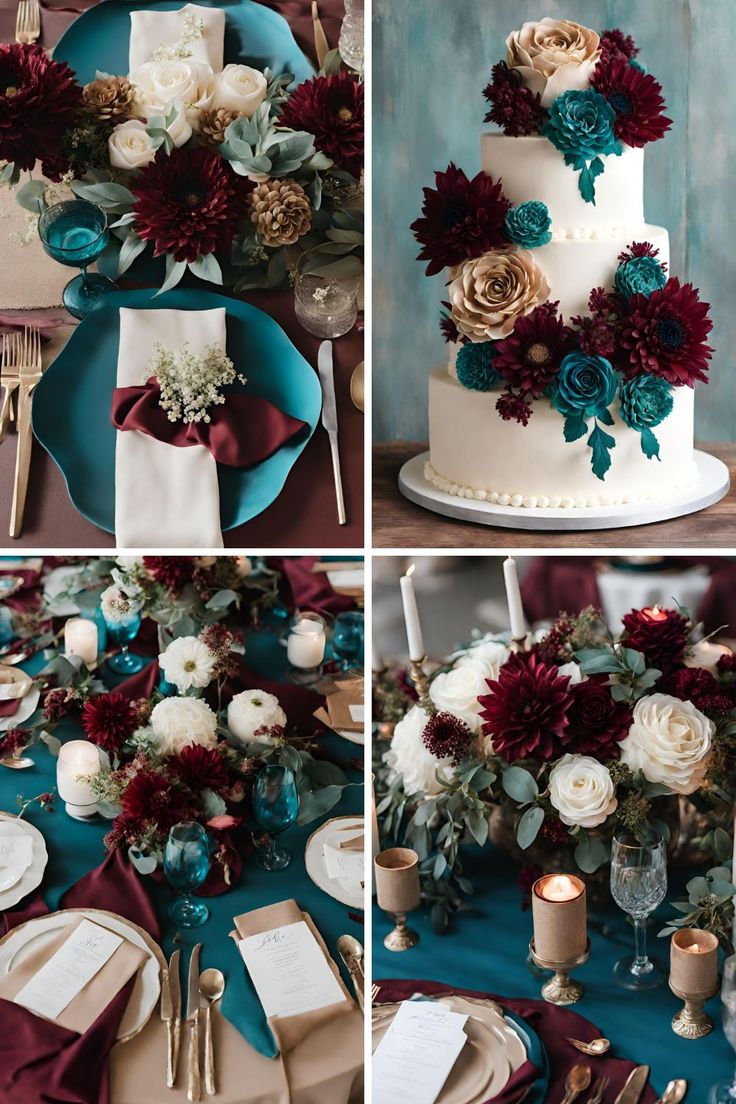 the wedding cake is decorated with red and white flowers, greenery, and silverware