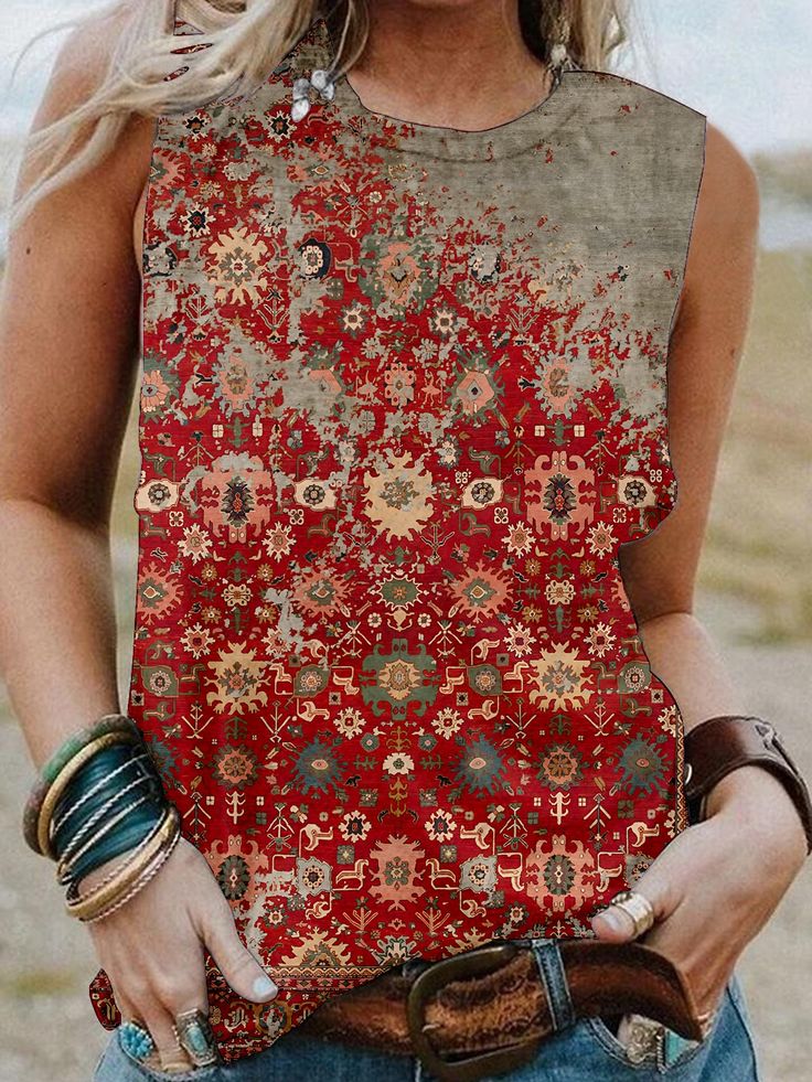 Women's Western Vintage Floral Rust Red Tribal Print Sleeveless Tank Shirt Western Vintage, Cheap Clothing, Womens Tops Summer, Spring Outfits Women, Cowgirl Style, Printed Sleeves, Sleeveless Tank, Summer Tops, Clothing Women