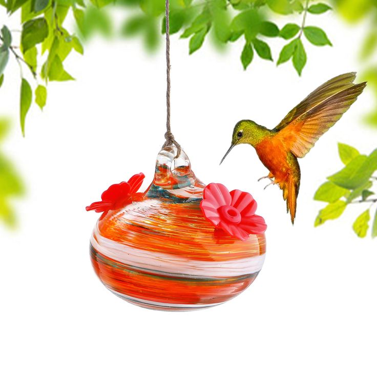 a hummingbird flying towards a red glass ornament hanging from a tree branch