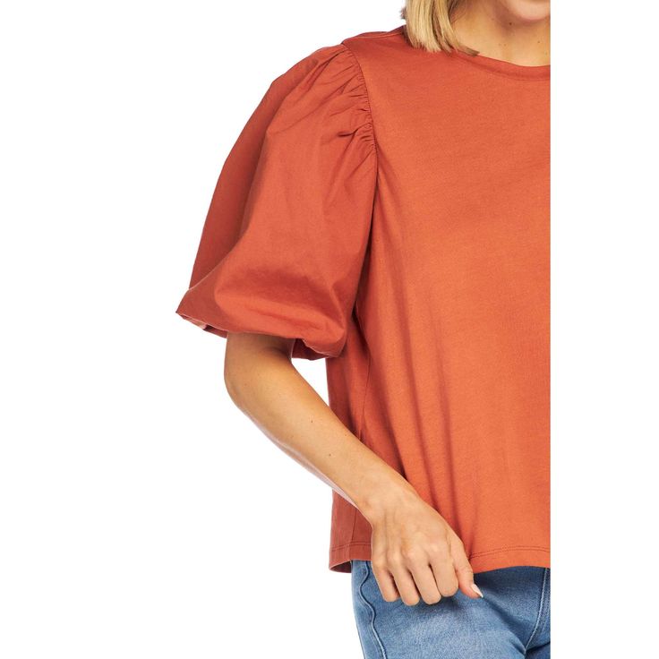 The Aurora Rust Puff-Sleeve Top is effortlessly stylish. The cotton jersey top features cotton poplin balloon short sleeves. The top measures approximately 23" from shoulder to hem on size small. The dramatic sleeves add a stylish touch to this classic top, available in black, rust and cream. | Mud Pie Women's Aurora Rust Puff-Sleeve Top in Orange, Size Large | 100% Cotton Dramatic Sleeves, The Aurora, Mud Pie, Puff Sleeve Top, Jersey Top, Cotton Poplin, Puff Sleeve, Aurora, Long Sleeve Tshirt Men