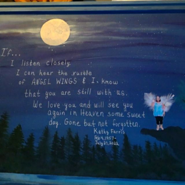 a painting with an angel and poem written on the bottom, in front of a full moon