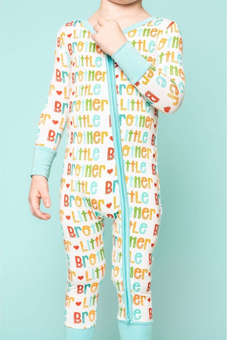 Introducing our 'Little Brother' Bamboo Zip-Up Pajamas, designed with your little one's comfort and convenience in mind. Crafted from silky-smooth bamboo fabric, these pajamas are gentle on the skin and perfect for sensitive little ones. Featuring a charming, seamless 'Little Brother' print, they celebrate the newest addition to your family in style. The innovative double zipper design ensures easy diaper changes, while the convertible fold-over feet allow for a seamless transition from footed t Printed Long Sleeve Onesie For Sleep, Printed Long Sleeve Onesie For Bedtime, Printed Long Sleeve Onesie For Loungewear, White Printed Onesie For Bedtime, Footie Pajamas, Pajama Romper, Nursery Crib, Tooth Fairy Pillow, Footie Pajama