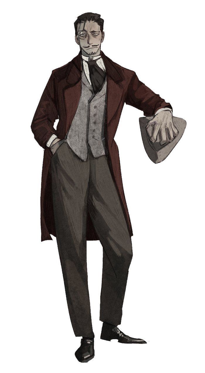 a drawing of a man in a top hat and coat with his hands on his hips