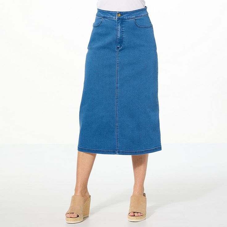 IMAN Global Chic Denim Midi Skirt   We took everything you love about your favorite pair of jeans and put them into this easy-to-style denim twill midi skirt. A timeless classic, this A-line designed garment provides a flattering fit while boosting your confidence. Classic High Rise Blue Denim Skirt, Classic Blue Mid-rise Denim Skirt, Classic Mid-rise Denim Skirt For Spring, Classic Denim Skirt In Denim Blue, Classic Denim Blue Skirt, Classic Cotton Denim Skirt For Spring, Classic Mid-rise Denim Skirt For Summer, Spring Medium Wash Denim Pencil Skirt, Spring Casual Denim Pencil Skirt