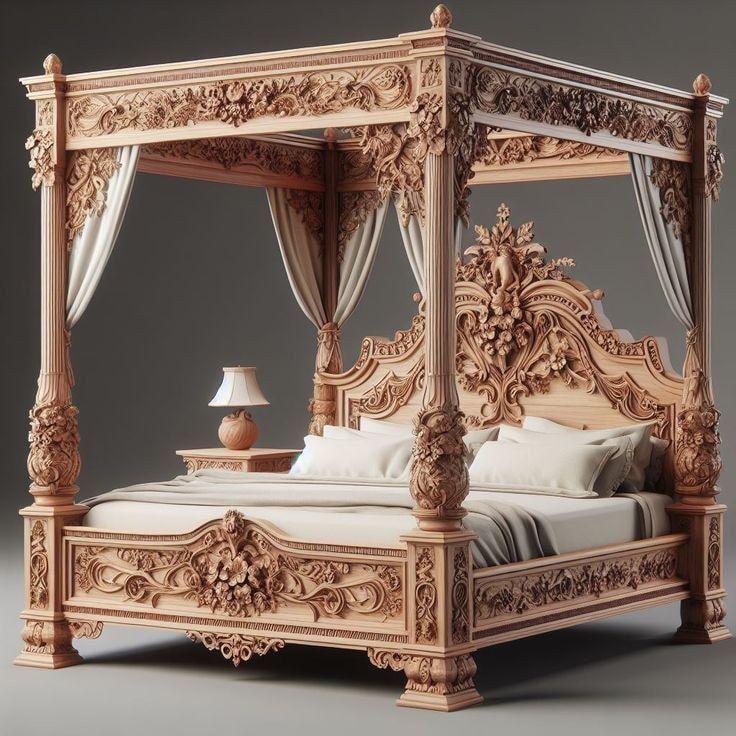 an ornate wooden bed with white sheets and pillows