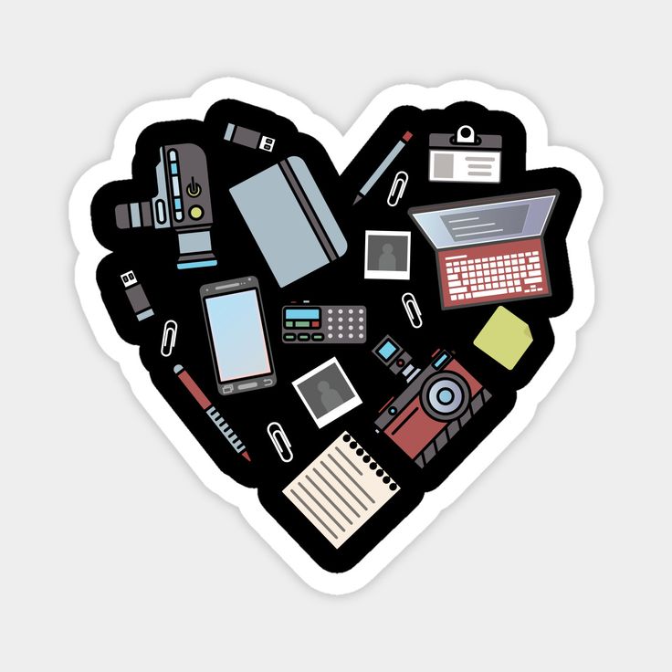 a heart shaped sticker with various items in the shape of a computer keyboard and laptop