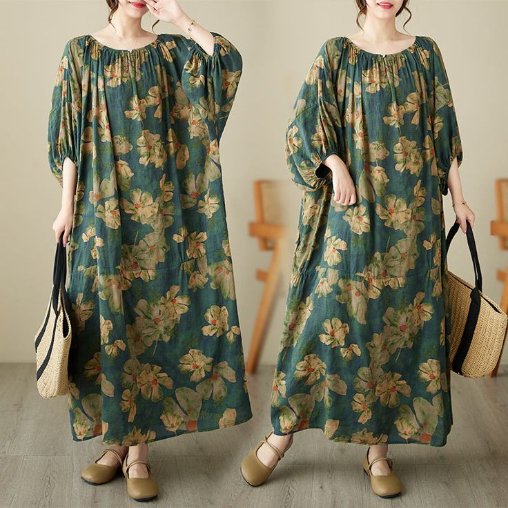 Details: Gender: Women Item Type: Dress Material: Cotton Linen Pattern Type: Print Season: Summer Style: Leisure, Daily, Retro Occasion: Going Out, Daily Size: One Size Length: 125.00 cm/ 49.21 " Bust: 170.00 cm/ 66.93 " Loose Summer Dresses With Floral Print, Oversized Floral Print Summer Dresses, Oversized Floral Print Dresses For Summer, Oversized Floral Print Maxi Dress For Spring, Oversized Long Sleeve Floral Maxi Dress, Oversized Long Sleeve Maxi Dress With Floral Print, Casual Loose Maxi Dress For Spring, Loose Green Summer Dress, Green Oversized Cotton Maxi Dress