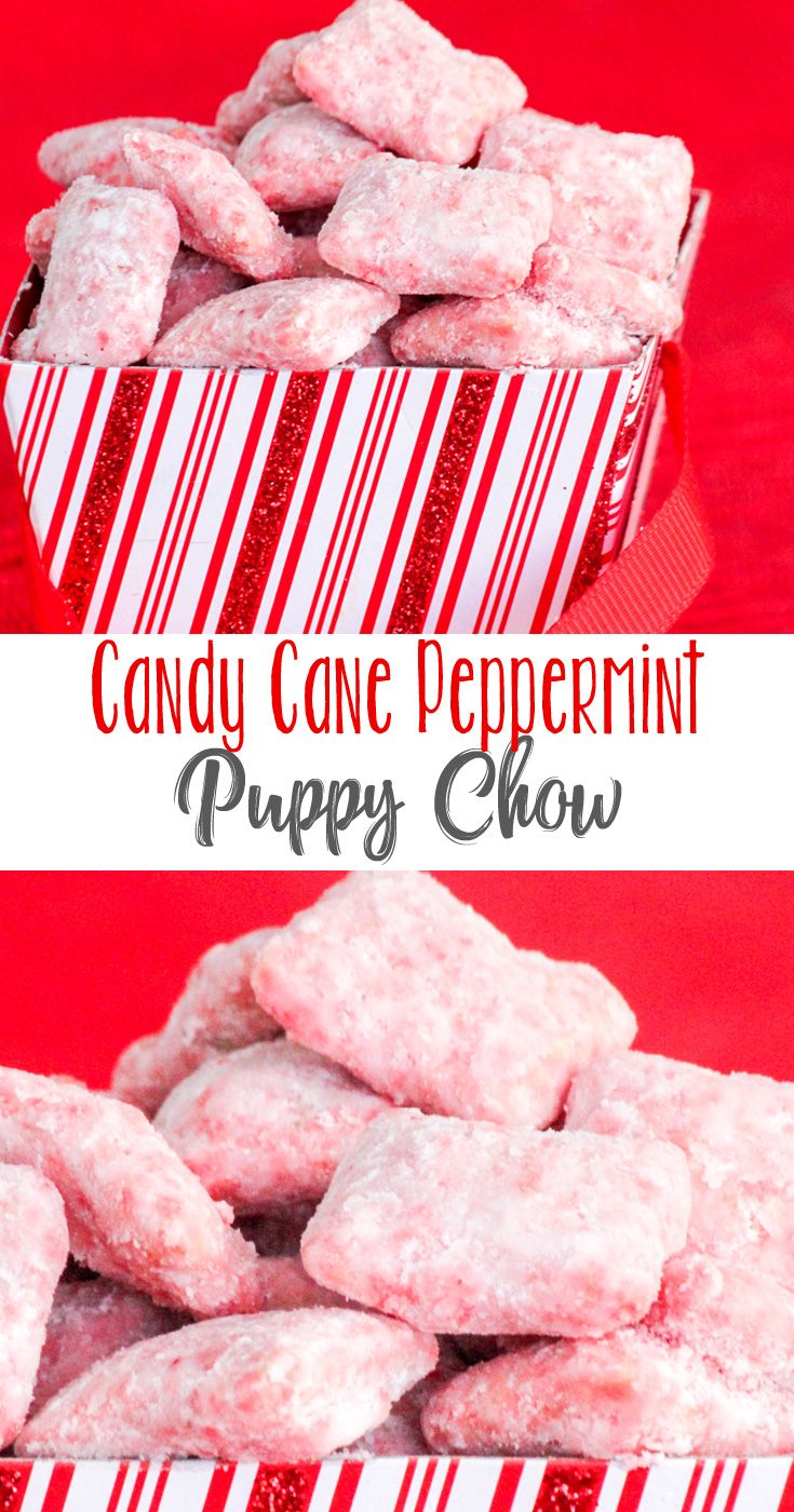 candy cane peppermin puppy chow is in a red and white striped box