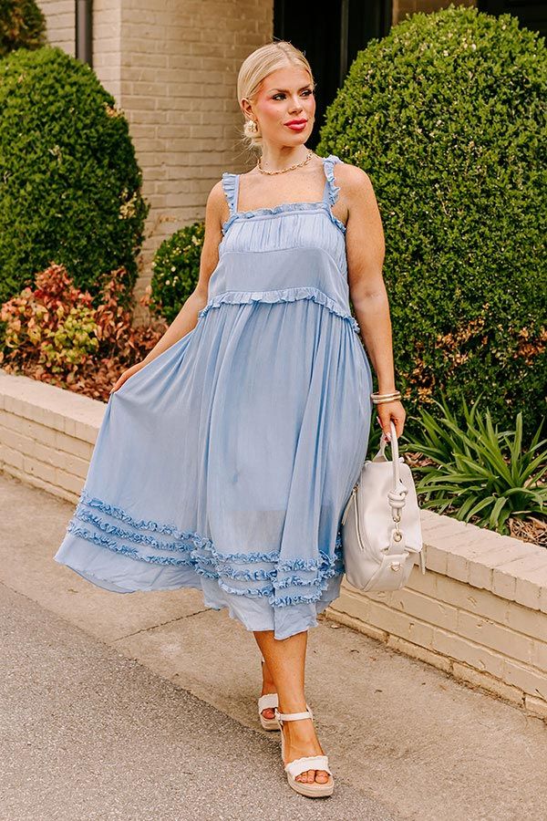 Bayside Bliss Ruffle Midi in Sky Blue Curves Sundress Season, Spring Lookbook, Dress Satin, Square Cut, Sweet Dress, Flutter Sleeves, Flutter Sleeve, Midi Length, Sundress