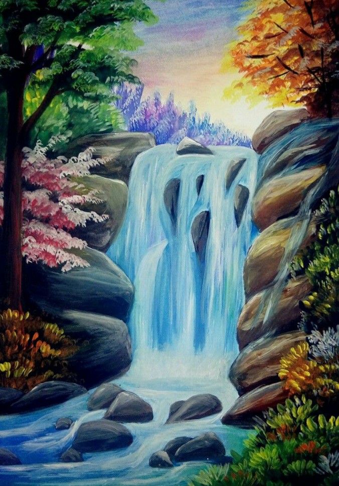 a painting of a waterfall in the woods