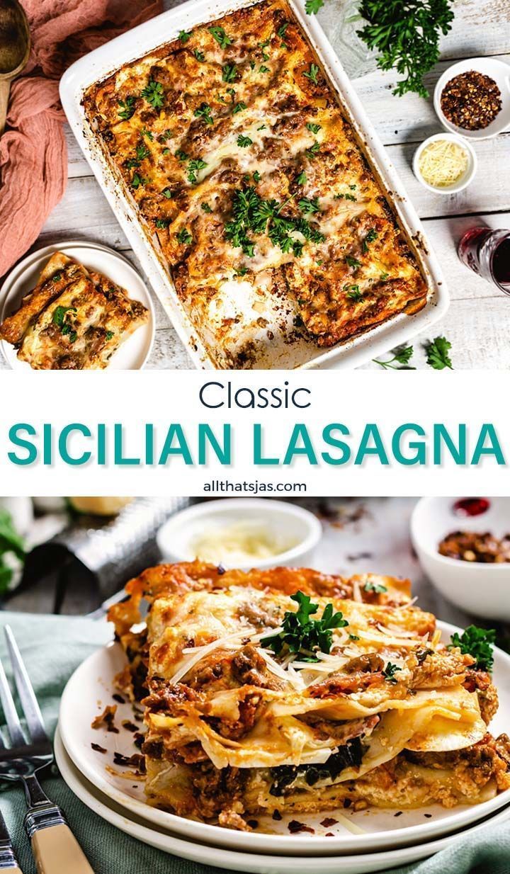 a casserole dish with lasagna in it on a plate next to other dishes and utensils