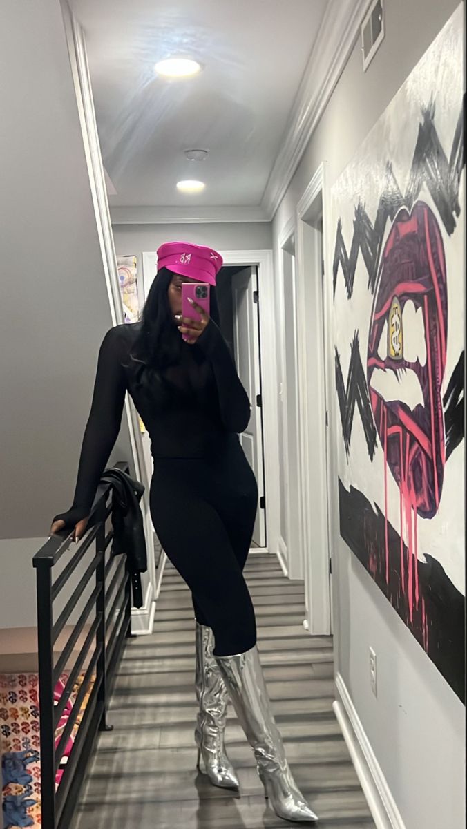 Pink Fur Boots Outfit Black Women, Rb Hat Outfit, Rb Hat Outfit Black Women, Pink Boots Outfit Black Women, Pink Dress Black Boots, Hot Pink Boots Outfit, Ruslan Baginskiy Hat Outfit, Rb Hat, Pink Hat Outfit