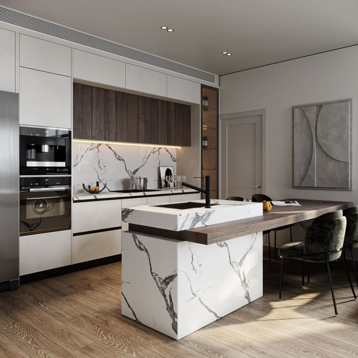 a modern kitchen with marble counter tops and stainless steel appliances, along with wooden flooring