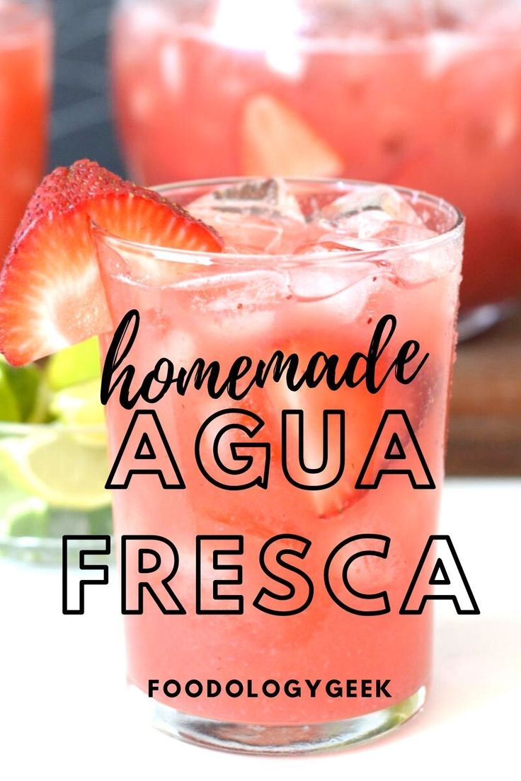 icy cold strawberry aqua fresca served with ice and garnished with a fresh strawberry How To Make Aqua Frescas, Fresca Drinks Non Alcoholic, Mexican Party Drinks Non Alcoholic, Non Alcoholic Drinks For Taco Bar, Mexican Fresca Drinks, Chipotle Drink Recipes, Fiesta Theme Party Drinks Non Alcoholic, Mexican Fruit Water Aguas Frescas, Chipotle Berry Agua Fresca Recipe