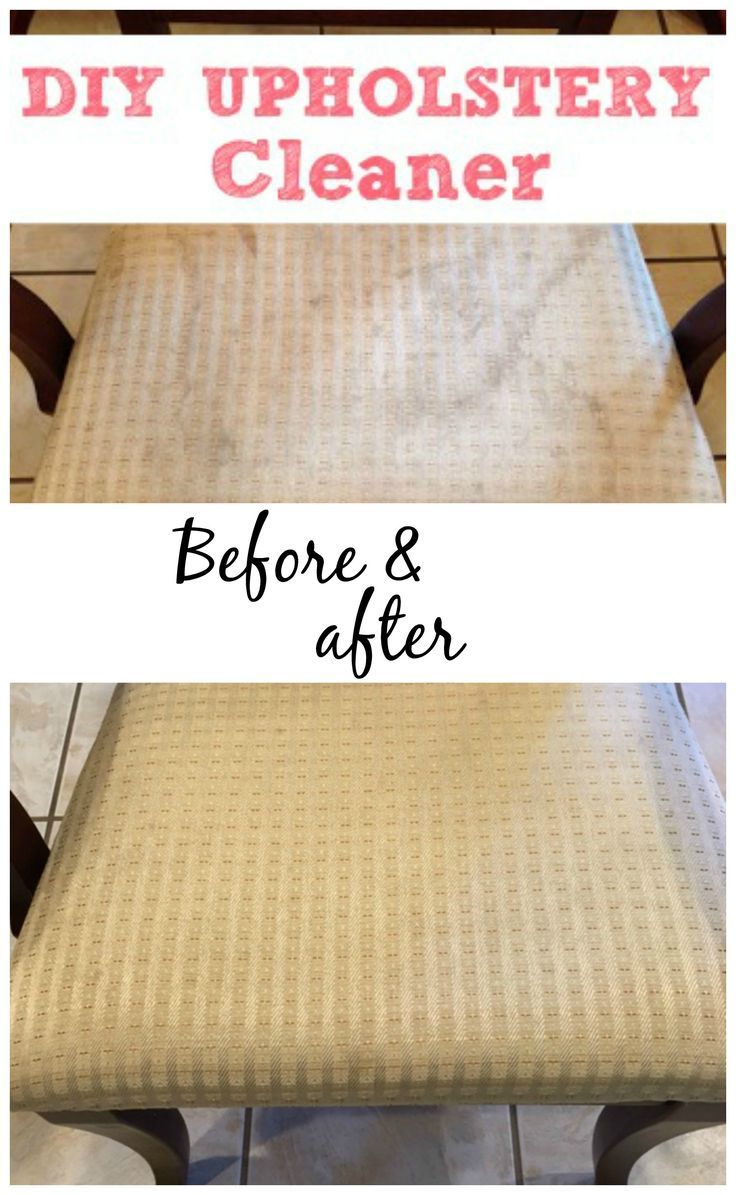 before and after photos of upholstery on a dining room chair with text overlay reading diy upholstery cleaner before & after