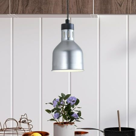 a potted plant sitting on top of a kitchen counter next to a light fixture