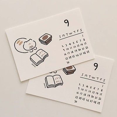 two calendar cards with hand drawn images of books on them, one has a thought bubble and the other has an open book