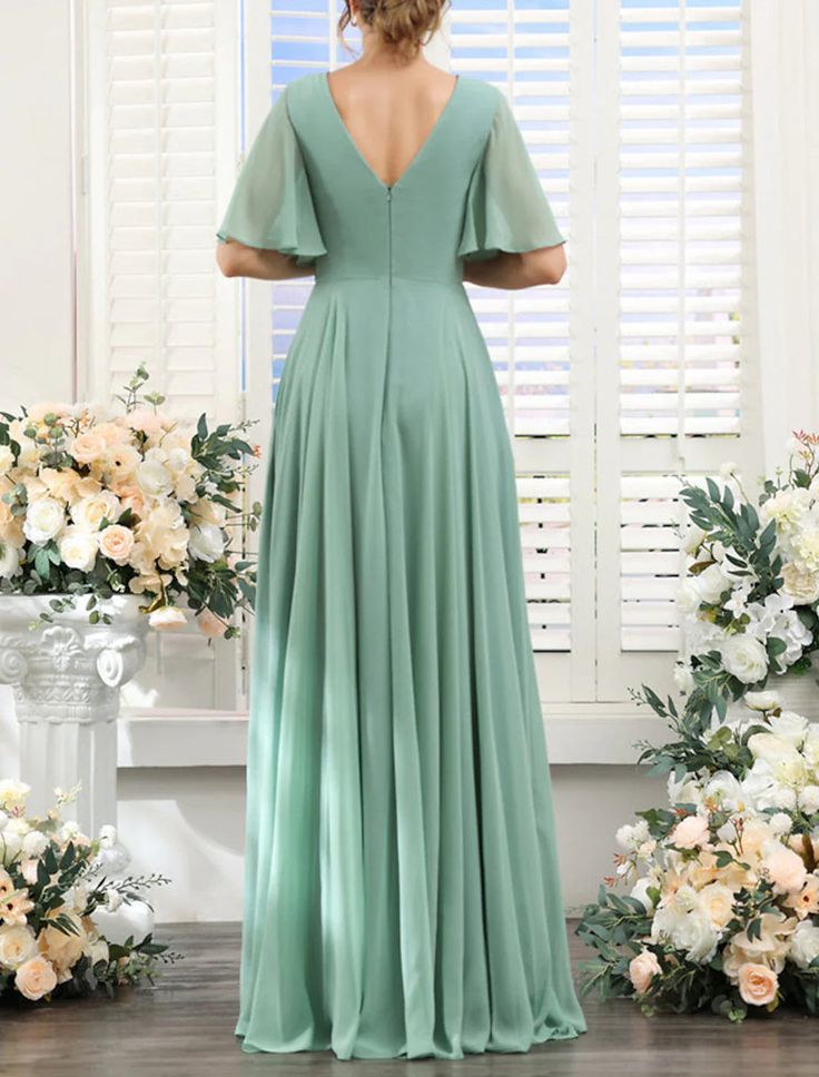 A-Line Bridesmaid Dress V Neck Short Sleeve Elegant Floor Length Chiffon with Split Front Indowestern Gown, Short Sleeve Bridesmaid Dress, Vestidos Color Rosa, Chiffon Bridesmaid Dresses, Wedding 2025, Formal Party Dress, Chiffon Ruffle, Chiffon Bridesmaid Dress, Chiffon Bridesmaid