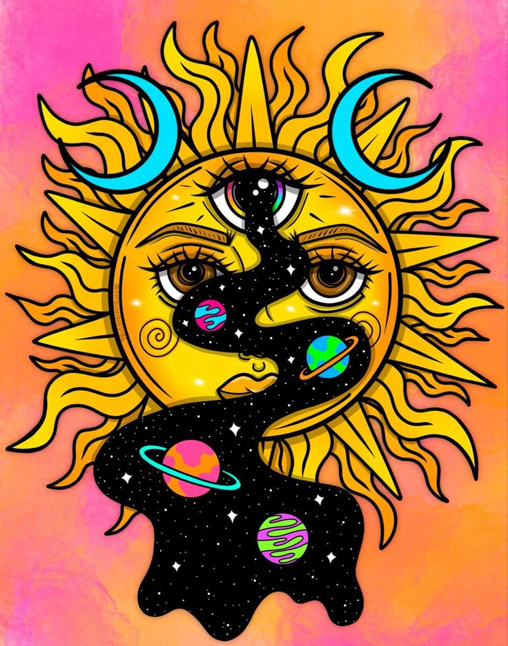 the sun and planets are depicted in this colorful painting