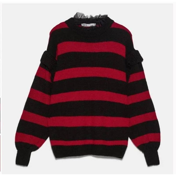 Zara Mohair Striped Knit Sweater With Tulle Red Black New With Tags Women's Size M Approximate Flat Measurements: Chest 24" Length 25" 47% Acrylic 45% Polyamide, 8% Mohair Removable Black Tulle Neckline Crew Neck Red And Black Stripes Pullover Ruffle Accent Sleeves Black Long Sleeve Sweater With Ruffles, Zara Black Winter Sweater, Zara Black Sweater For Winter, Black Ruffled Sweater For Winter, Chic Black Zara Sweater, Trendy Black Zara Sweater, Zara Black Knit Sweater, Zara Black Sweater For Fall, Zara Red Long Sleeve Sweater