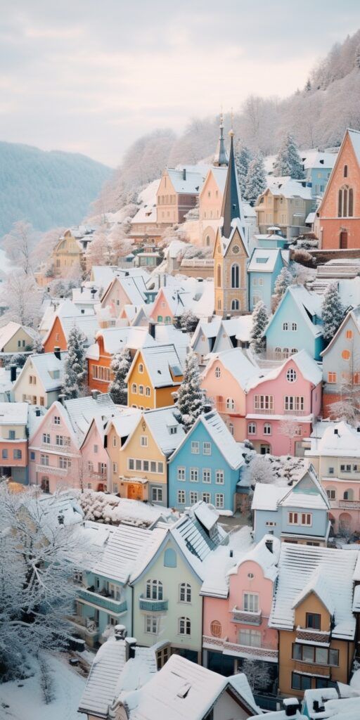 a city with lots of houses covered in snow