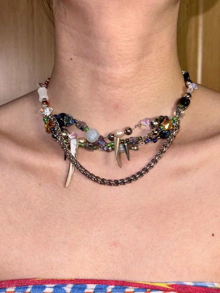 Elevate your style with this stunning handmade bohemian necklace, perfect for adding a unique touch to any outfit. Measuring 33cm with an additional 12cm extender, this necklace offers a versatile fit. Crafted with an array of materials including glass beads, Czech beads, natural shell horn, acrylic beads, stainless steel, and natural freshwater pearls, this piece is a testament to exquisite craftsmanship and artistic design. The eclectic mix of materials and textures creates a captivating accessory that is both stylish and one-of-a-kind. Handmade bohemian necklace Length: 33cm + 12cm extender Materials: Glass beads, Czech beads, natural shell horn, acrylic beads, stainless steel, natural freshwater pearls Unique and artistic design Perfect for adding a bohemian flair to any ensemble Suita Bohemian Choker For Party, Bohemian Choker With Unique Variations, Bohemian Beaded Choker Necklace, Bohemian Beaded Czech Glass Crystal Necklaces, Beaded Bohemian Czech Glass Crystal Necklace, Bohemian Beaded Czech Glass Crystal Necklace, Multi-strand Dangling Beads Festival Jewelry, Bohemian Dangle Beaded Chain Necklace, Colorful Czech Glass Bead Necklace For Festivals