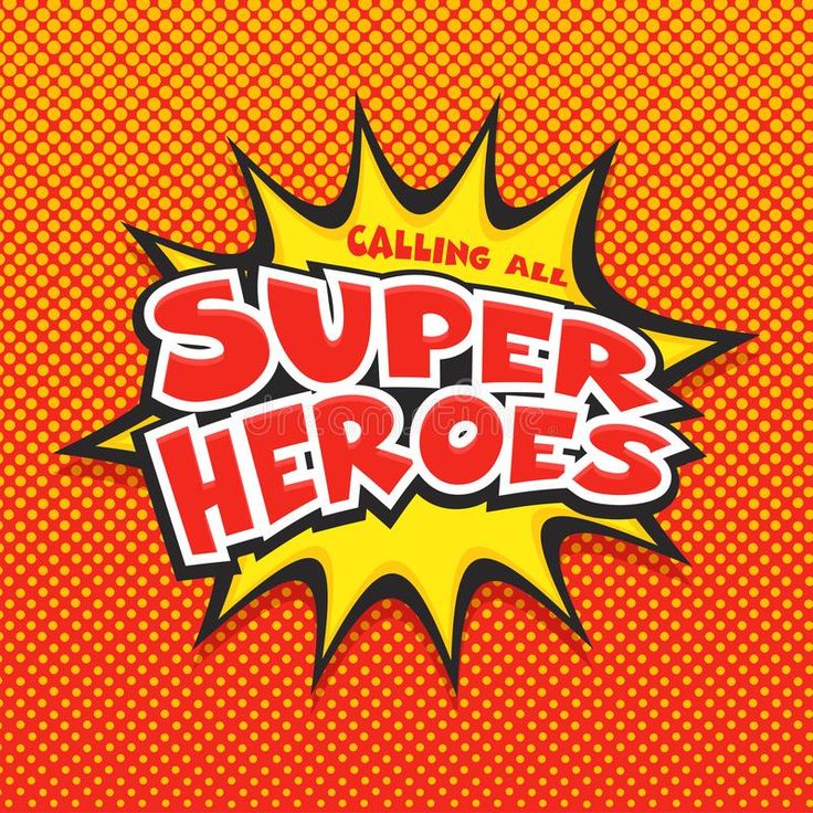 the title for calling all super heros, written in red and yellow with an orange background