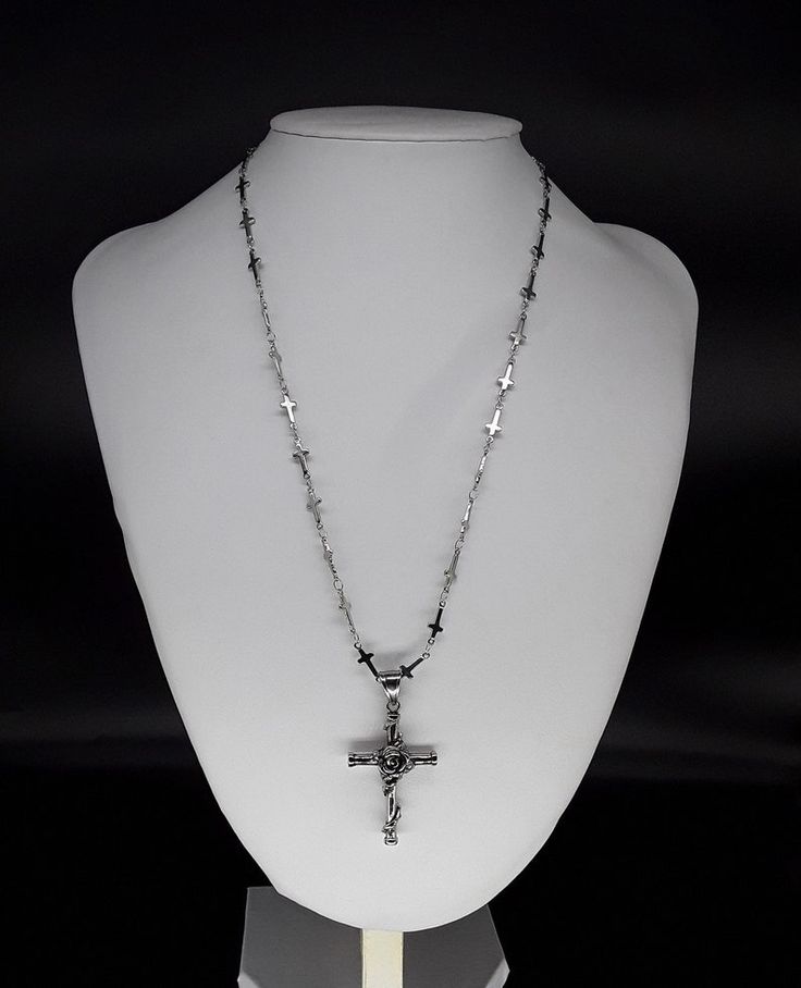 Gift Crucifix Cross Necklace With Chain, White Gold Cross Necklace With Adjustable Chain, Gift Cross Necklace With Crucifix Chain, Spiritual Silver Adjustable Chain Necklace, White Gold Crucifix Necklace With Silver Chain, Spiritual Cross Necklace With Adjustable Chain, Sterling Silver Crucifix Necklace With Silver Chain, Sterling Silver Crucifix Cross Necklace With Adjustable Chain, Silver Stainless Steel Cross Pendant Necklace