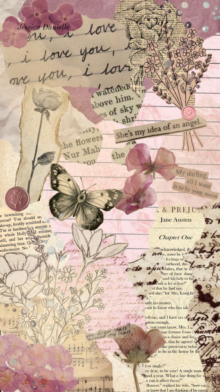 an altered collage with flowers, butterflies and words in pinks and purples