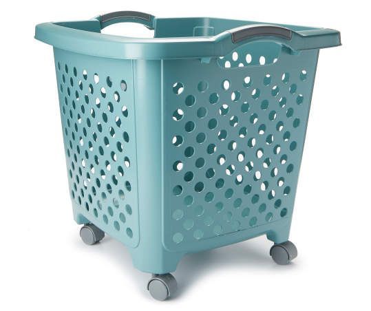 a blue plastic basket sitting on top of a white floor