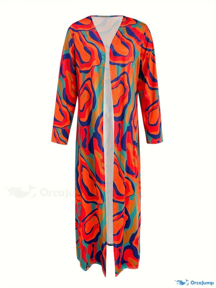 Orcajump - Allover Print Open Front Cardigan, Casual Long Sleeve Long Length Cardigan, Women's Clothing Multicolor Open Front Outerwear For Vacation, Orange Long Sleeve Summer Cardigan, Orange Open Front Cardigan For Spring, Red Cardigan For Fall Vacation, Red Outerwear For Fall Vacation, Red Fall Outerwear For Vacation, Multicolor Long Sleeve Summer Cardigan, Red Fall Vacation Cardigan, Multicolor Winter Cardigan For Vacation