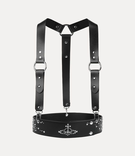 The Studs harness sits over the shoulders and wraps around the waist with industrial-style straps. Black Leather Punk Harness, Gothic Leather Harness With Belt, Black Gothic Leather Harness, Black Vivienne Westwood, Harajuku Street, Leather Harness, Into The Future, Women's Belt, Lace Boots