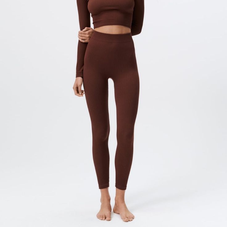 Very Cute And Comfortable Ribbed Zara Leggings. Medium Thick Material. Can Be Worn Dressed Up Or To The Gym. Brown High Waist Stretch Activewear, Brown Tight Full-length Bottoms, Tight Full-length Brown Bottoms, High Stretch Brown Loungewear Bottoms, Brown Stretch Elastane Leggings, High Stretch Brown Bottoms For Loungewear, Stretch Brown Elastane Leggings, Fitted Seamless Brown Bottoms, High Stretch Seamless Brown Bottoms