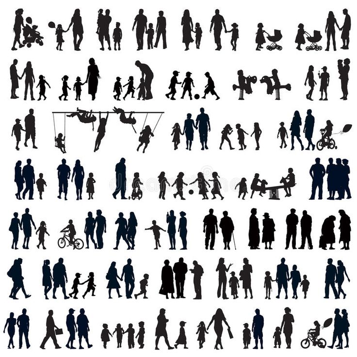 silhouettes of people and children in various poses, all with different types of objects