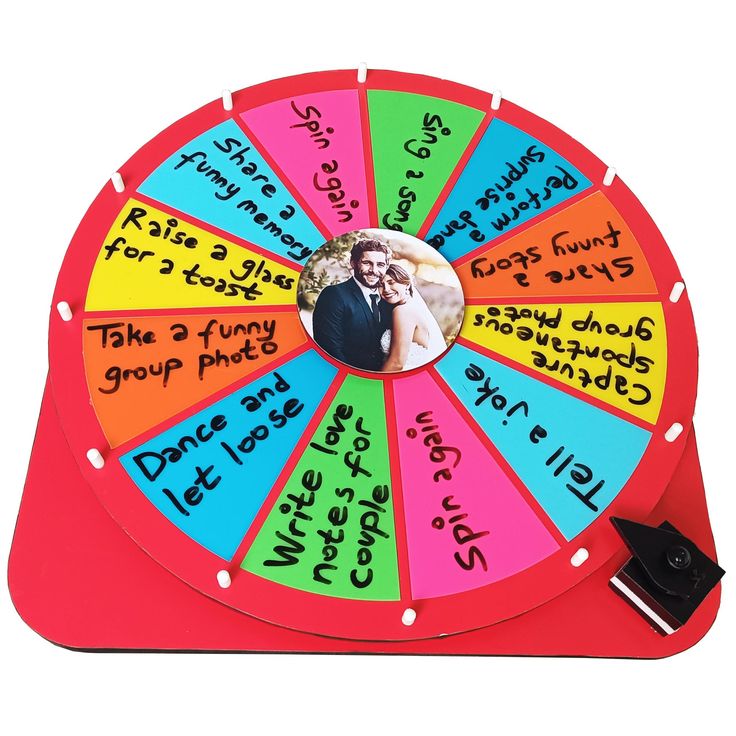 a spinning wheel with pictures and words on the side, in front of a white background