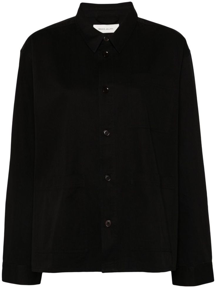 black organic cotton twill weave front button placket classic collar long sleeves buttoned cuffs chest patch pocket two front patch pockets straight hem This item is made from at least 50% organic materials. We've partnered with Good On You — an independent agency that rates how brands perform in relation to their impact on the planet, people and animals, with a multi-criteria rating simplified to a five points scale. In order to be awarded our conscious label, larger brands need to score a minimum of four out of five ('Good'), while smaller brands must score at least three out of five ('It's a start'). This item comes from a brand rated four out of five ('Good') by Good on You at the time it was added on FARFETCH. Please note, this is a brand-level rating and does not guarantee that this Black Long Sleeve Shirt With Buttoned Pockets, Black Button-up Shirt With Patch Pockets, Black Cotton Shirt With Welt Pockets, Black Workwear Shirt With Buttoned Pockets, Black Shirt With Welt Pockets For Work, Cotton Tops With Concealed Placket For Fall, Long Sleeve Cotton Shirt With Patch Pockets, Classic Black Tops With Welt Pockets, Black Cotton Shirt With Concealed Placket