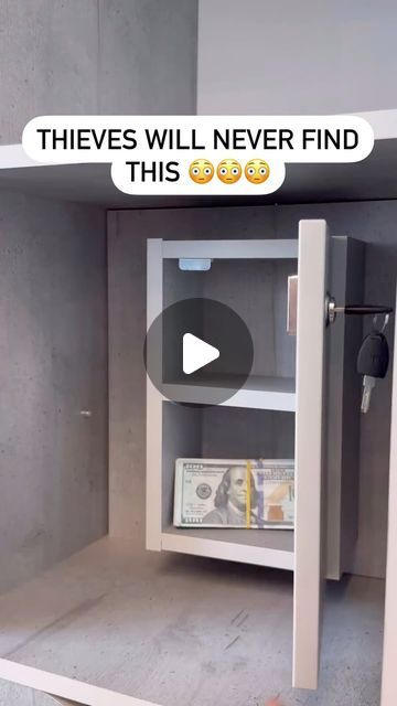 someone is opening the door to an empty cabinet with money in it and there's will never find this