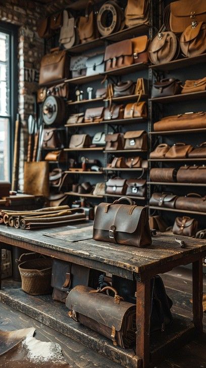 a room filled with lots of leather bags