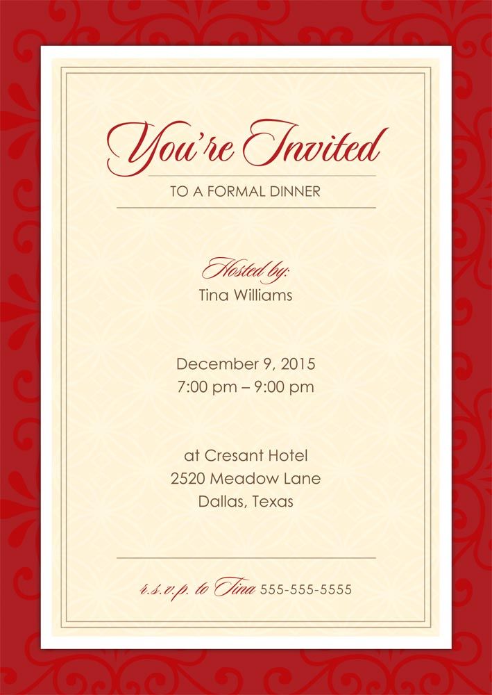 a red and white dinner card with the words you're invited to a formal dinner