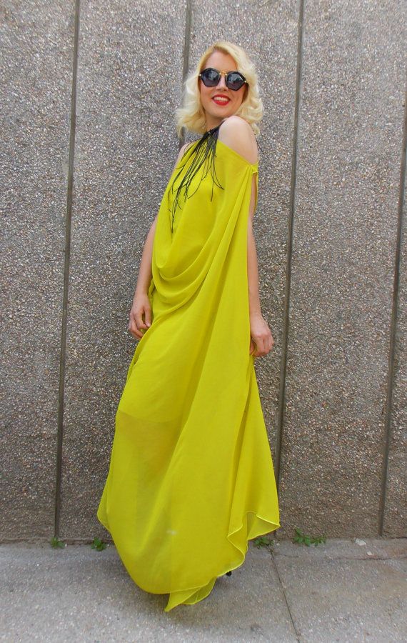 Stylish Summer Kaftan / Summer Maxi Dress / Elegant Yellow Elegant Yellow Floor-length Chiffon Dress, Flowy Silk Chiffon Floor-length Dress, Green Breezy Maxi Dress, Breezy Green Maxi Dress, Yellow Chiffon Floor-length Maxi Dress, Flowy Breezy Maxi Dress For Party, Flowy Draped Maxi Dress For Wedding, Bohemian Silk Chiffon Floor-length Dress, Bohemian Floor-length Silk Chiffon Dress